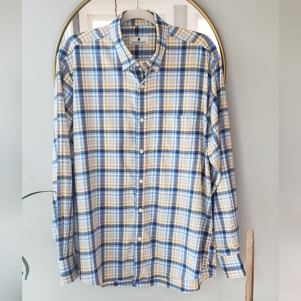 Southern Pines Blue Yellow White Plaid Button Front Casual Shirt Size L